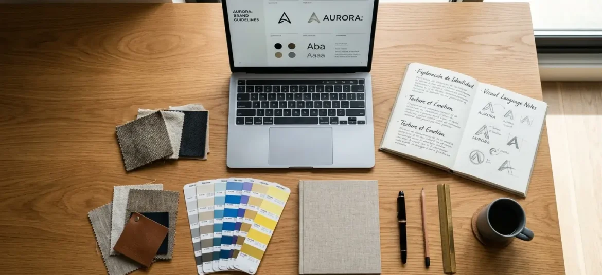 Escritorio de roble con portátil, paletas de colores y muestras textiles para diseño de marca global.