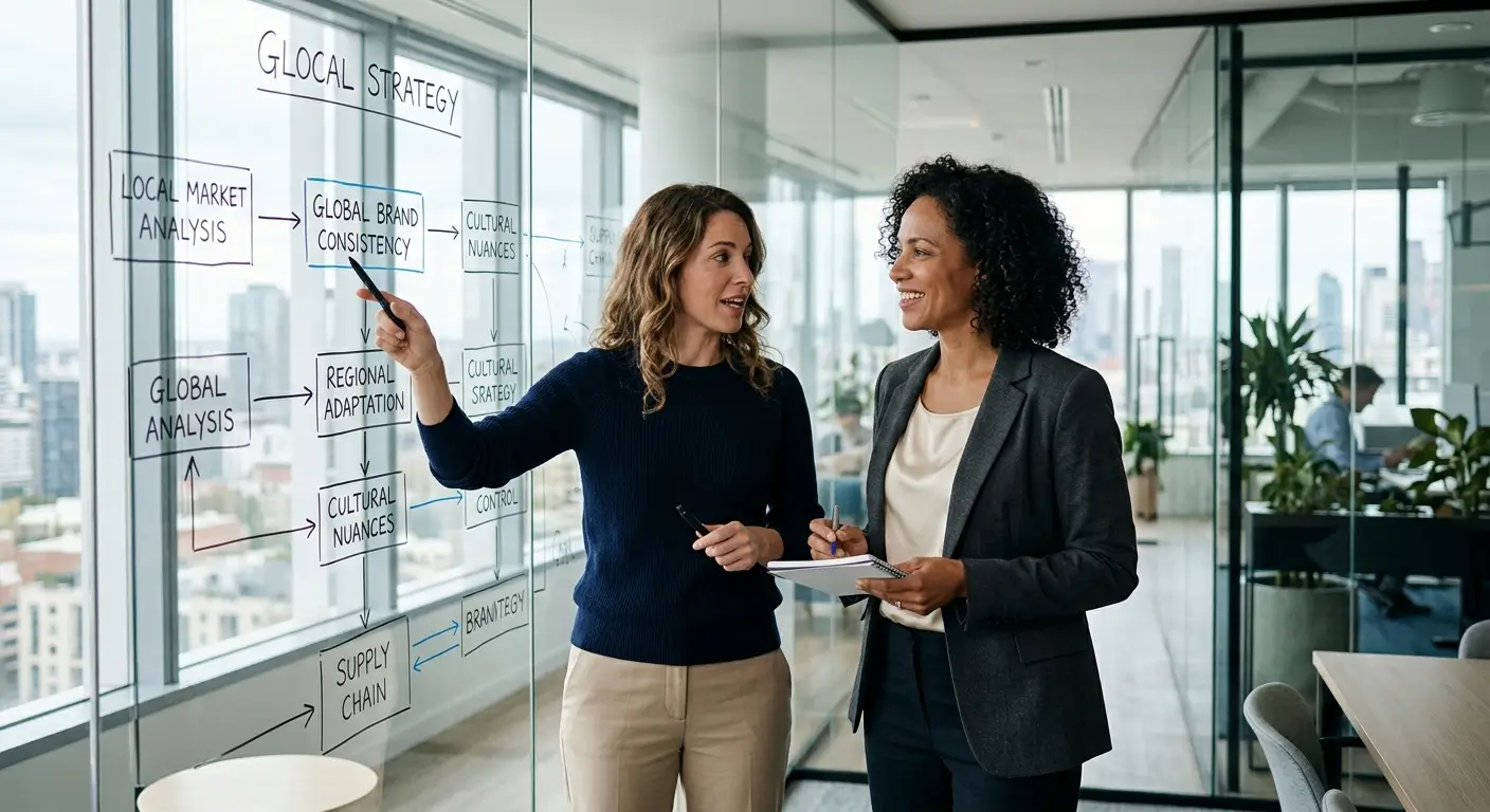 Professionisti analizzano uno schema strategico su una vetrata in un ufficio moderno con luce naturale.