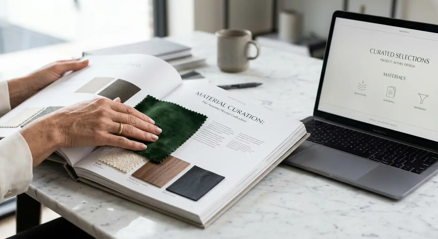 Mani esperte esaminano un catalogo di texture premium su una scrivania di marmo accanto a un portatile minimalista.