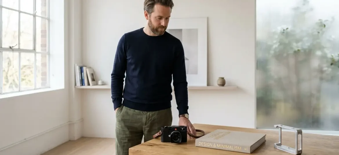 Profesional examina objetos de alta calidad sobre mesa de madera en un estudio de diseño minimalista.