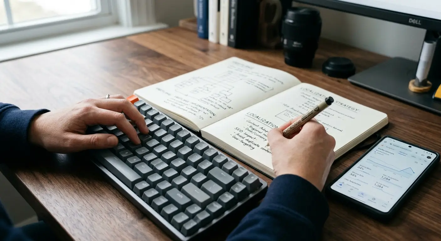 Mani al lavoro su un quaderno con appunti di posizionamento web accanto a un cellulare che mostra metriche di rendimento.