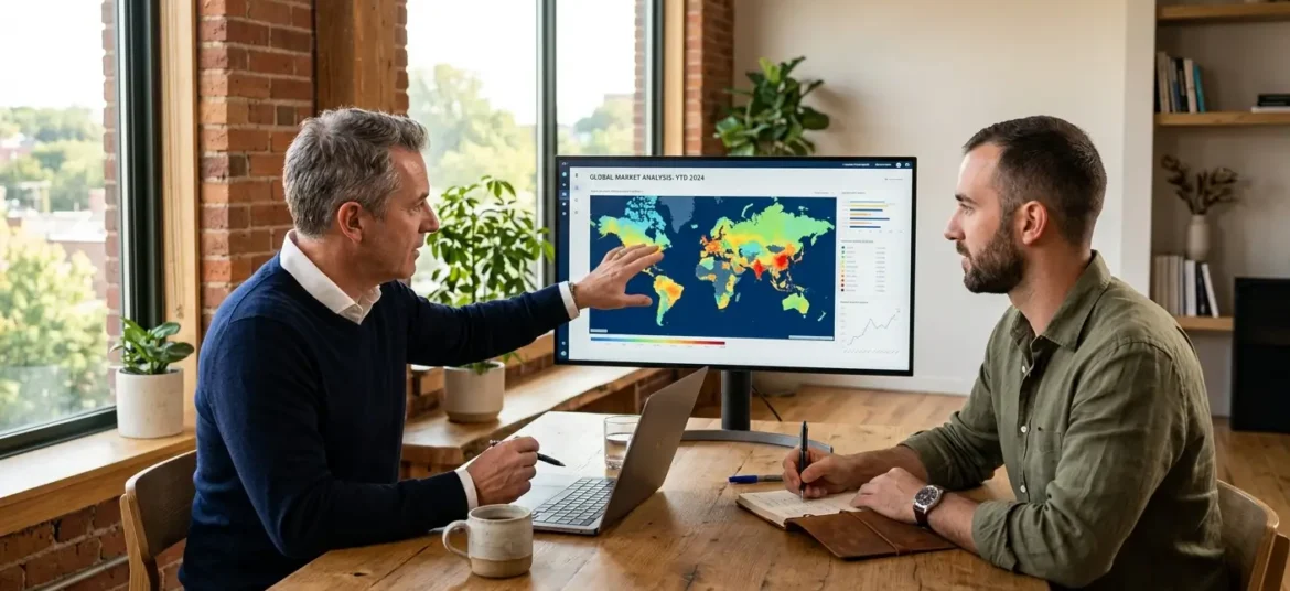 Mentor y empresario analizan un mapa de calor en un monitor dentro de un estudio de ladrillo visto.
