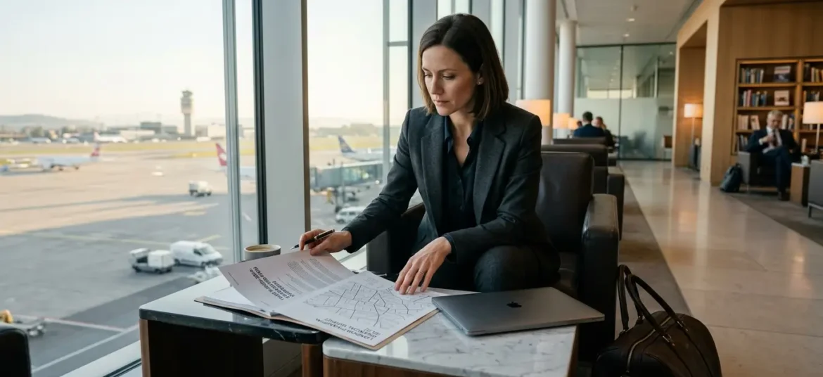 Consultor revisando documentos y un mapa en un salón exclusivo, preparando una misión comercial estratégica.
