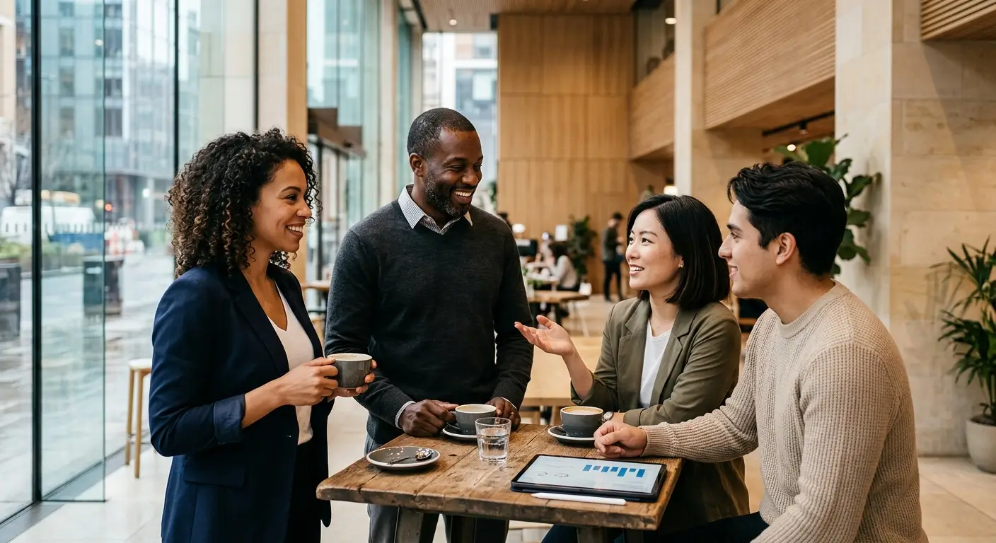 Team eterogeneo che dialoga in uno spazio moderno con caffè e tablet, promuovendo il networking B2B umano.