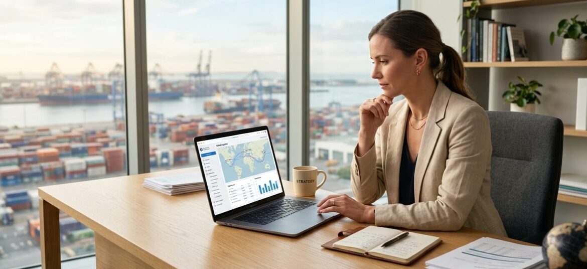 Estratega de exportación analiza datos logísticos en su portátil frente a un ventanal con vistas al puerto.