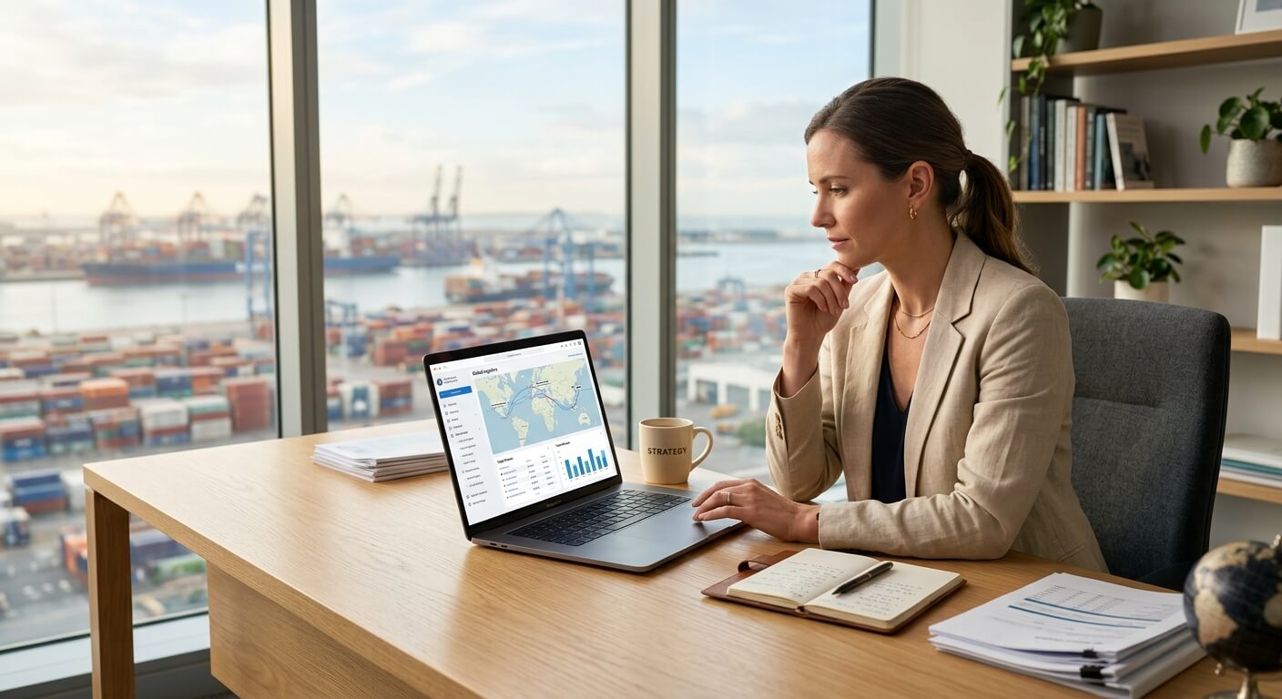 Estratega de exportación analiza datos logísticos en su portátil frente a un ventanal con vistas al puerto.