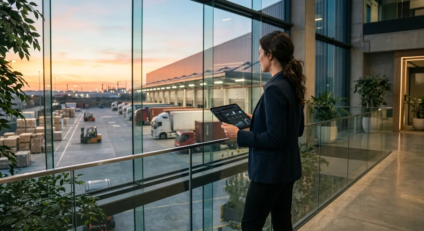 Professionista analizza la catena di approvvigionamento su una banchina di carico moderna con un tablet gestionale al tramonto.