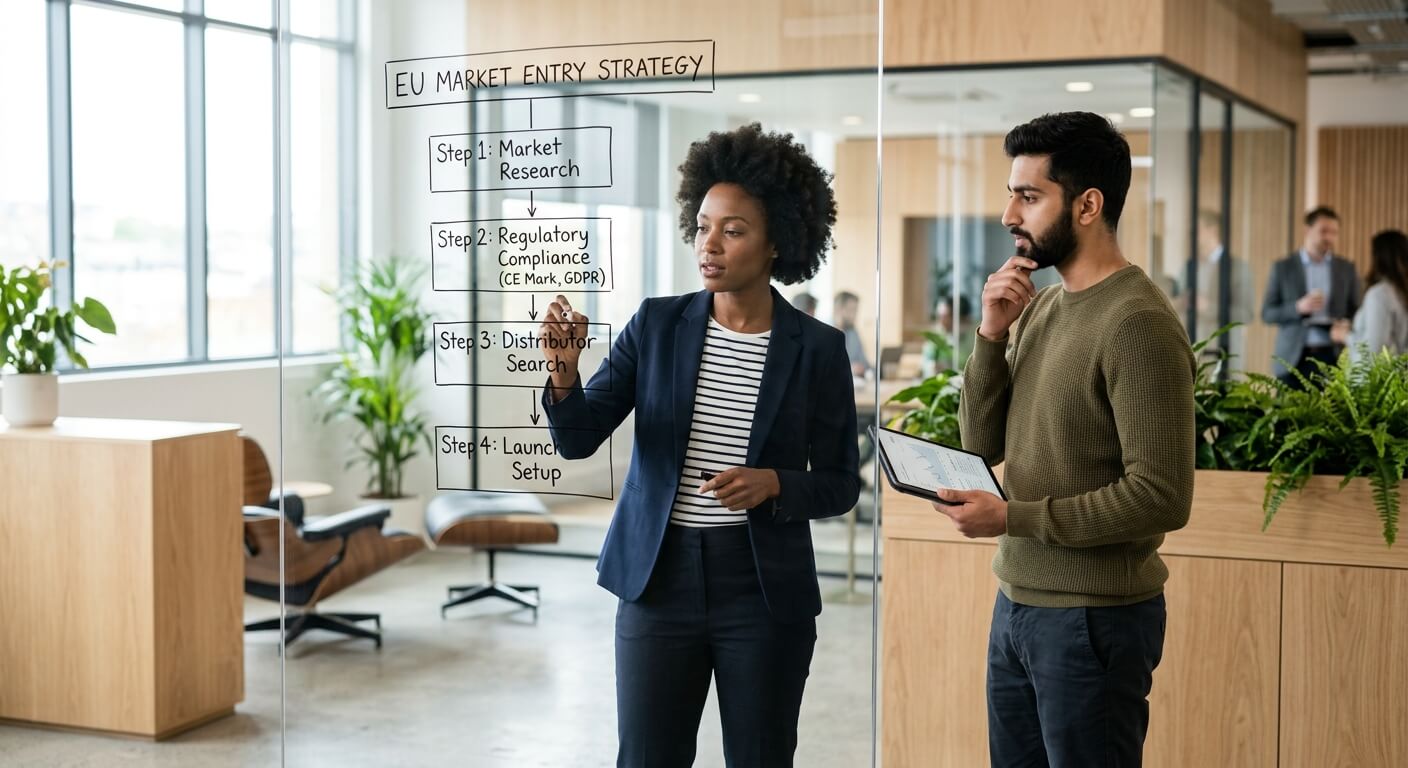Consulenti di commercio estero analizzano l'intelligence di mercato con un diagramma e un tablet.