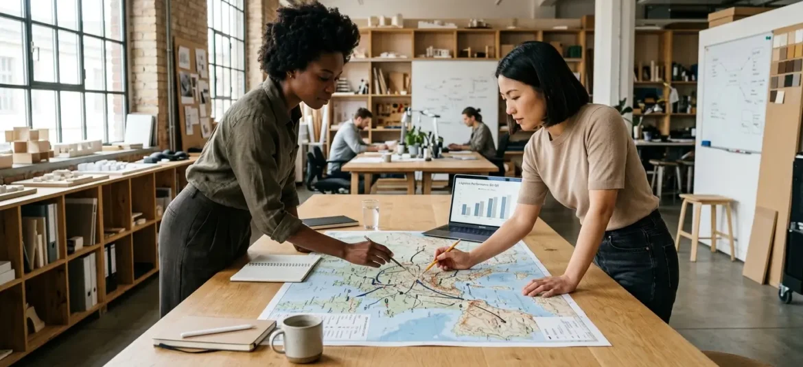 Dos estrategas analizan rutas logísticas sobre un gran mapa físico en una oficina luminosa de diseño industrial.