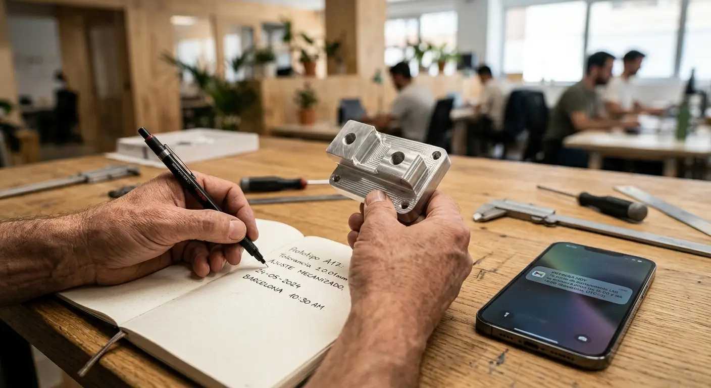 Mani esperte esaminano un prototipo in alluminio mentre prendono appunti tecnici in un ambiente di coworking.