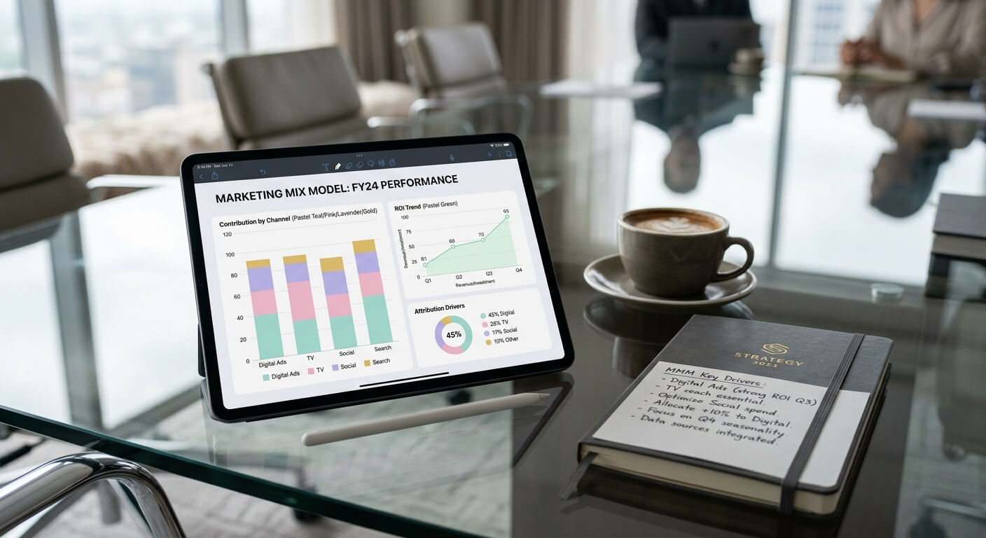 Tablet con grafici di brandformance su un tavolo di vetro con tazza di caffè e taccuino in un ufficio illuminato.