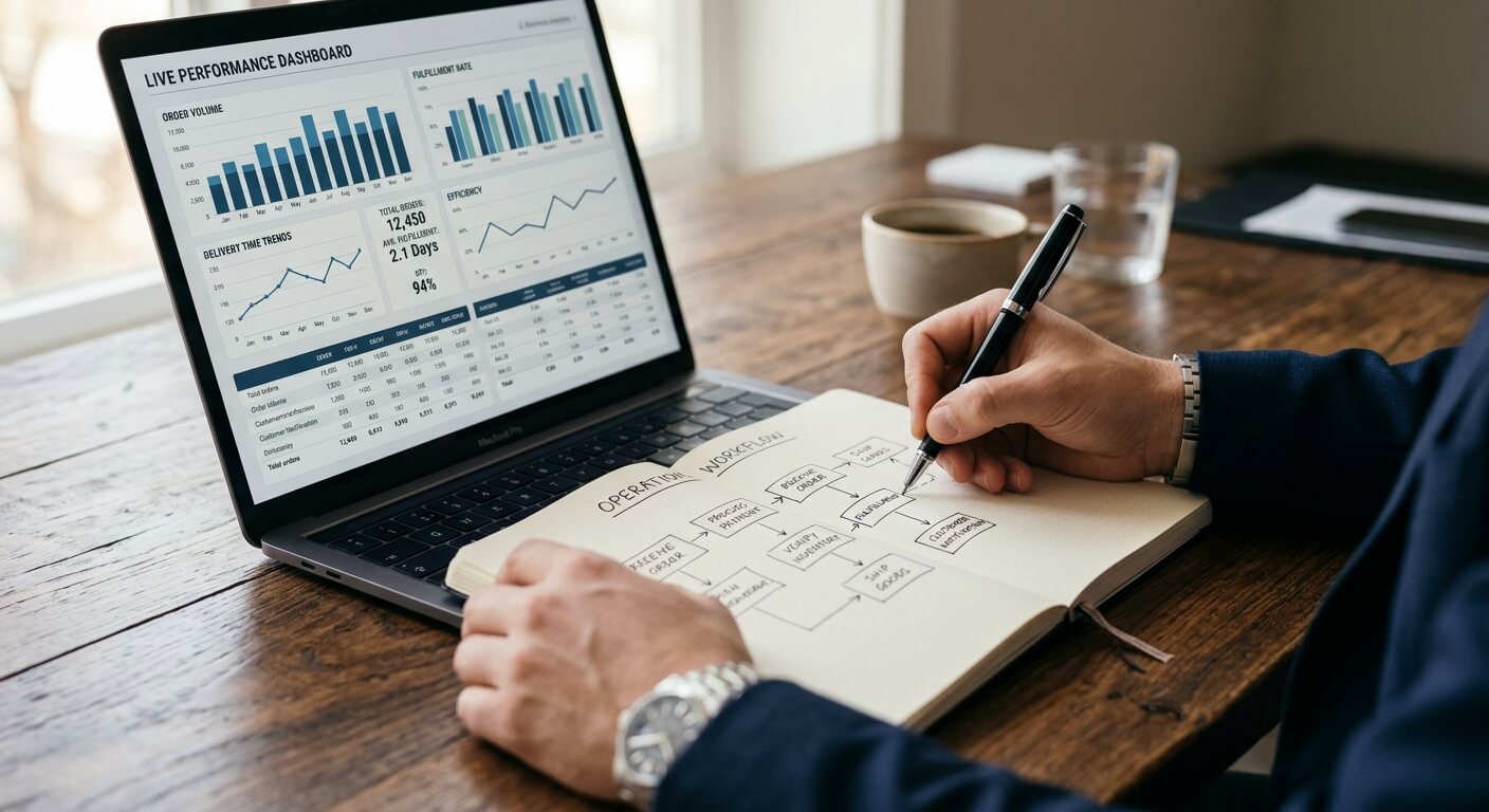 Esperto di strategia che disegna un diagramma di flusso dei processi su un taccuino accanto a uno schermo con grafici analitici.