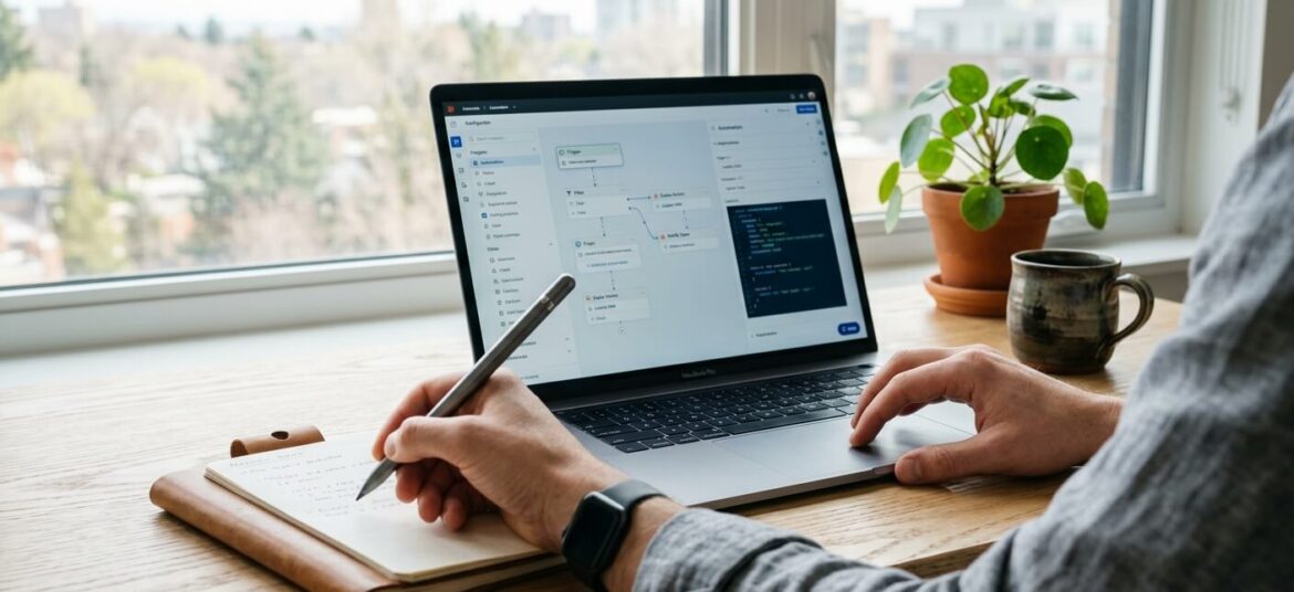 Mano de un profesional configurando un flujo de trabajo de automatización visual en un portátil sobre un escritorio.