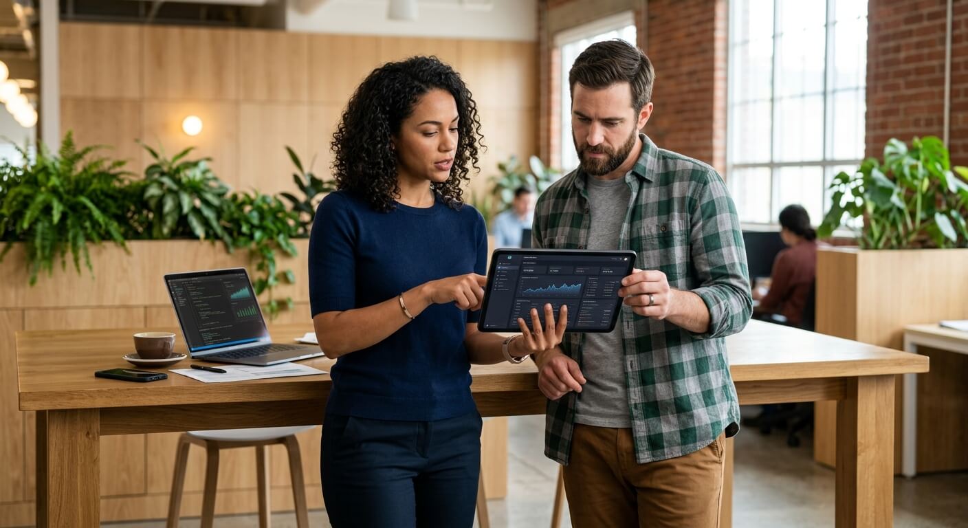 Professionisti della tecnologia analizzano i dati di automazione intelligente su un tablet.
