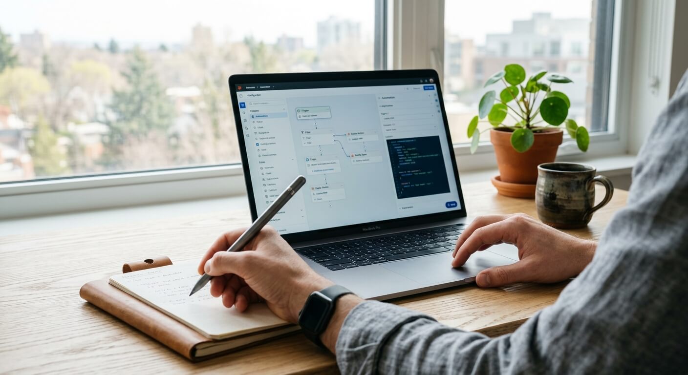 Mano de un profesional configurando un flujo de trabajo de automatización visual en un portátil sobre un escritorio.