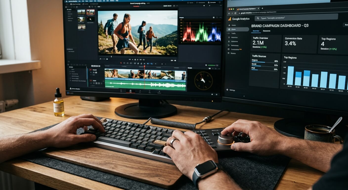 Specialista in digital marketing che regola una tastiera e una manopola sulla scrivania davanti a un monitor con analisi web.
