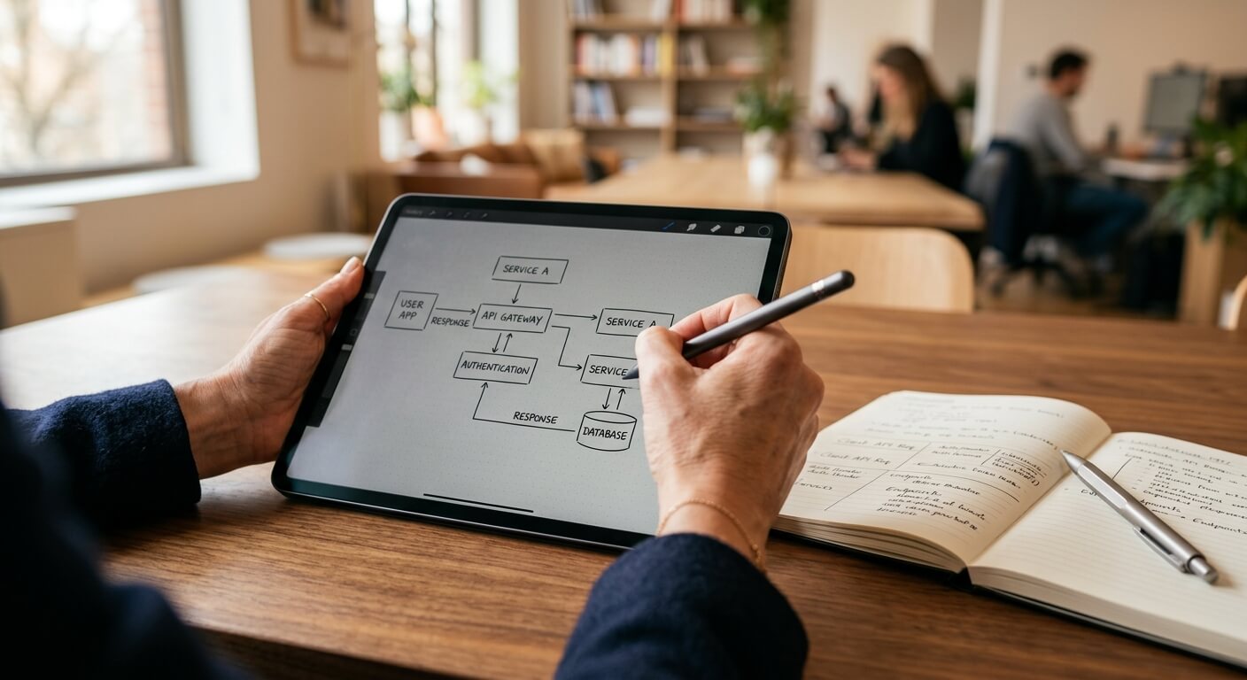 Un consulente di trasformazione digitale disegna un diagramma su un tablet sopra una scrivania di legno.