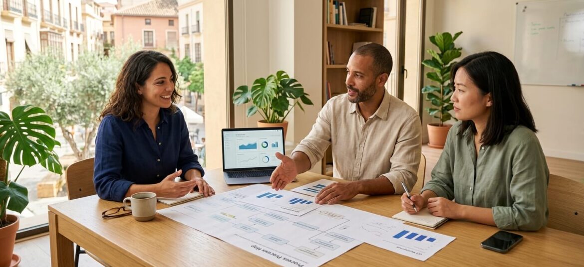 Consultores analizan un mapa de procesos y gráficos de datos sobre una mesa de madera en una oficina luminosa.