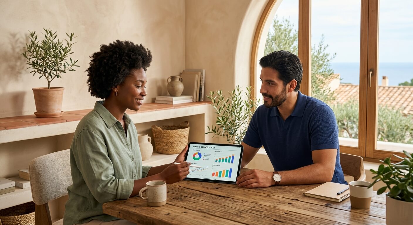 Professionisti della consulenza digitale collaborano con un tablet in un ufficio luminoso in stile mediterraneo.