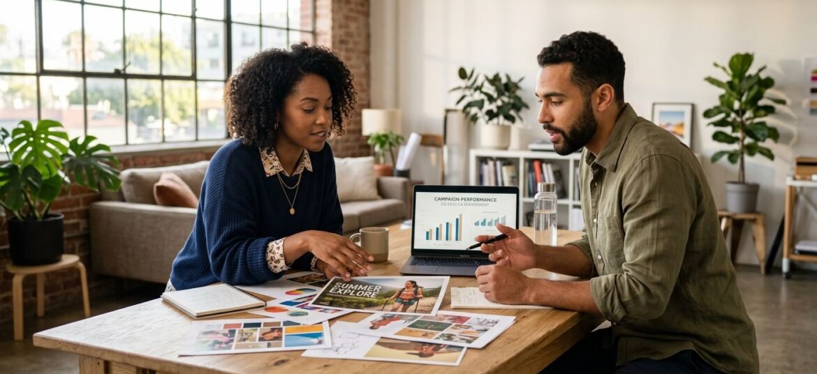 Dos profesionales analizan métricas de brandformance y branding sobre una mesa en un estudio soleado.