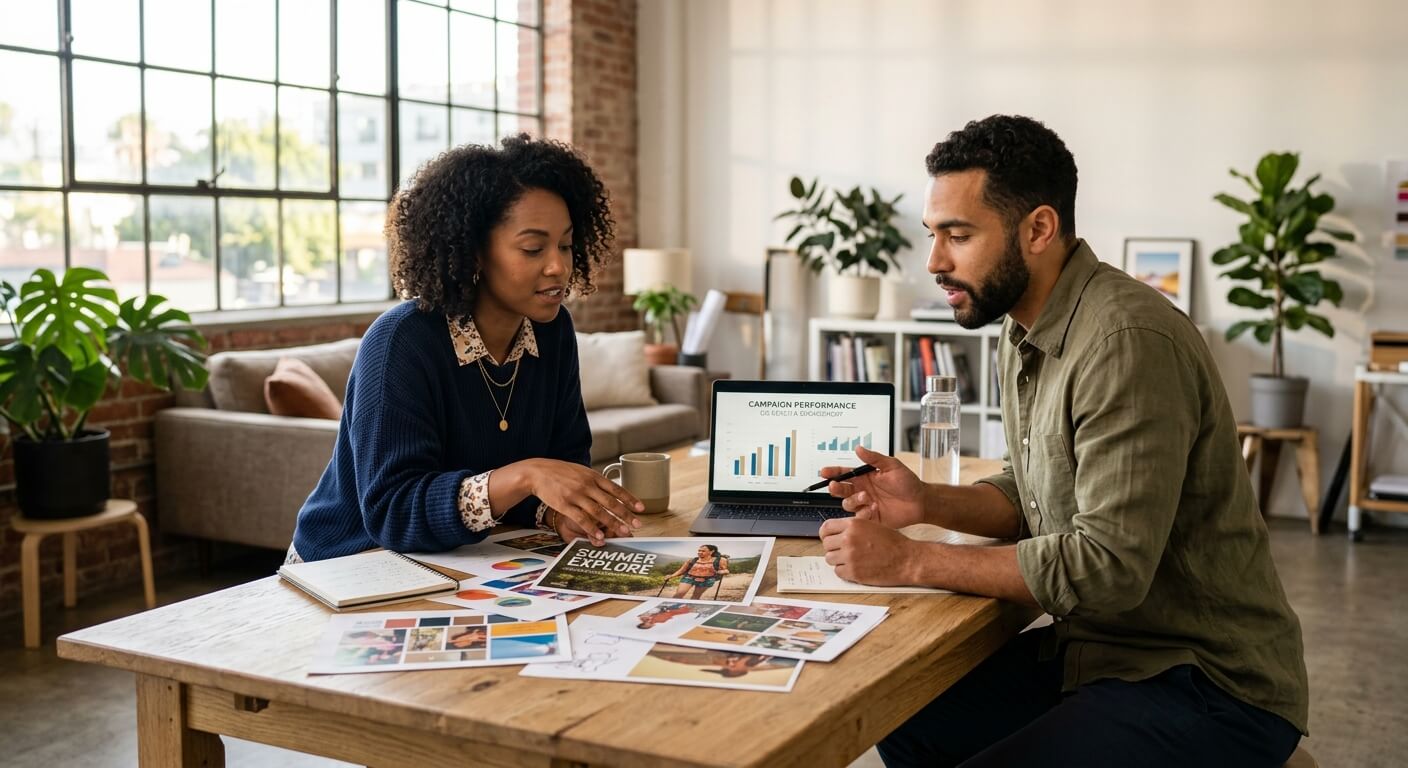 Dos profesionales analizan métricas de brandformance y branding sobre una mesa en un estudio soleado.