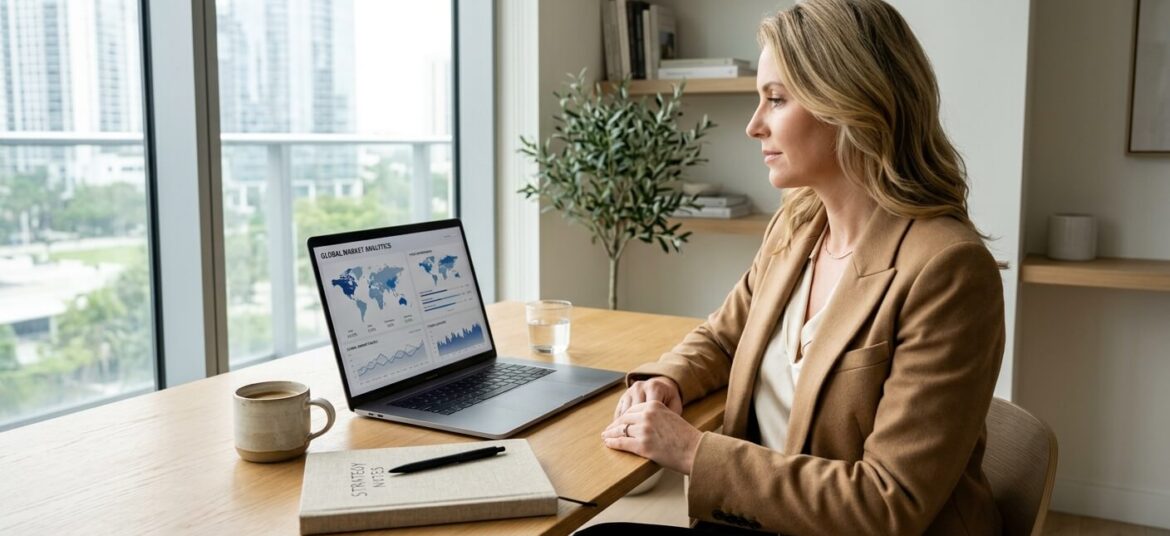 Estratega de negocios analiza datos globales en su portátil dentro de una oficina minimalista y luminosa.