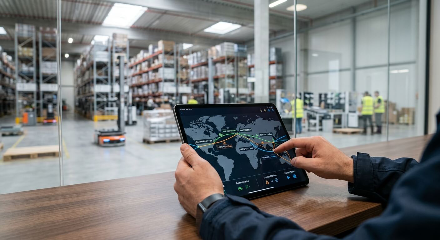 Mani di uno specialista che usa un tablet con percorsi di distribuzione, con un magazzino moderno sullo sfondo.